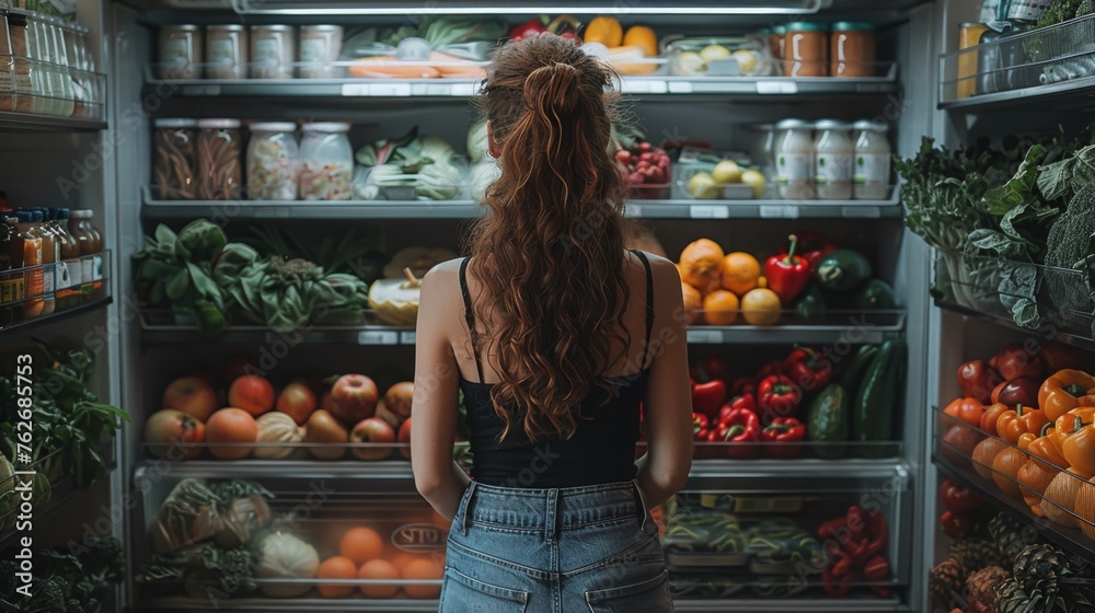 A persons reflection in the fridge light as they carefully choose ingredients for a smoothie, picking spinach, almond milk, and frozen berries