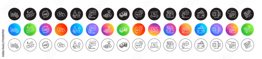 Business target, Coins bag and Money line icons. Round icon gradient buttons. Pack of Money change, Clipboard, Update data icon. Business results, New, Operational excellence pictogram. Vector Business target, Coins bag and Money line icons. Round icon gradient buttons. Pack of Money change, Clipboard, Update data icon. Business results, New, Operational excellence pictogram. Vector