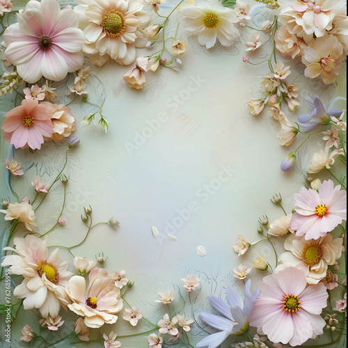 Fresh flower floral frame, Background of round fresh flowers frame arranged together on whole image