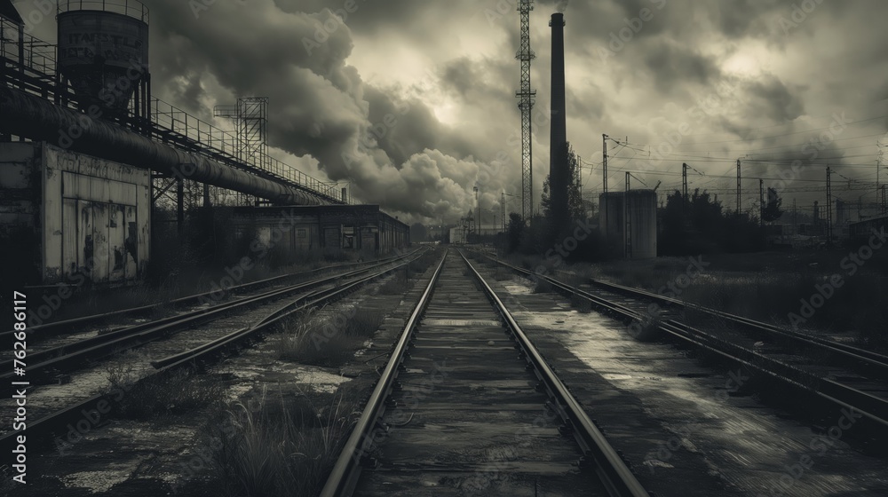 Moody monochrome image of deserted railway tracks in an industrial zone
