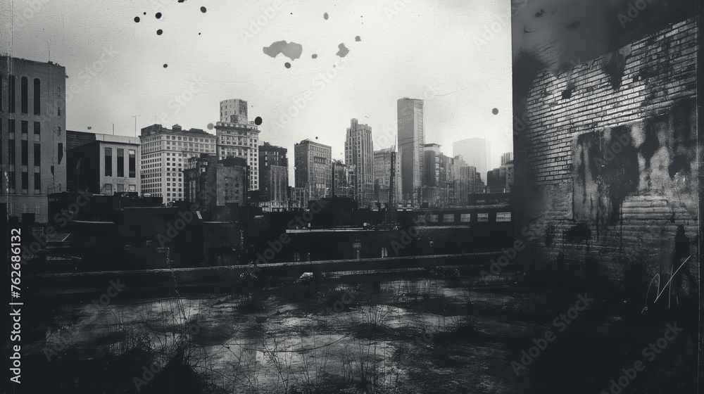 Moody, monochrome urban skyline with distressed vintage textures overlay