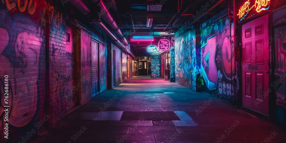 Colorful neon lights illuminate a gritty urban alley, showcasing street art and city vibe