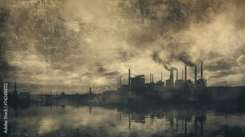 A haunting image of industrial smokestacks emitting pollution over a serene water body