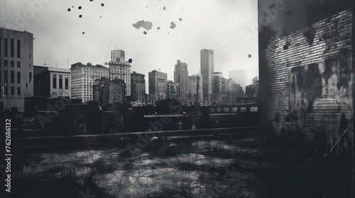 Moody  monochrome urban skyline with distressed vintage textures overlay