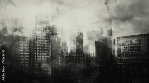 Mysterious and moody dark cityscape artistic impression with blurry monochrome silhouette of urban architecture and edgy contemporary design