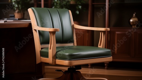 Home office in light woods and hunter green faux leather swivel desk chair.