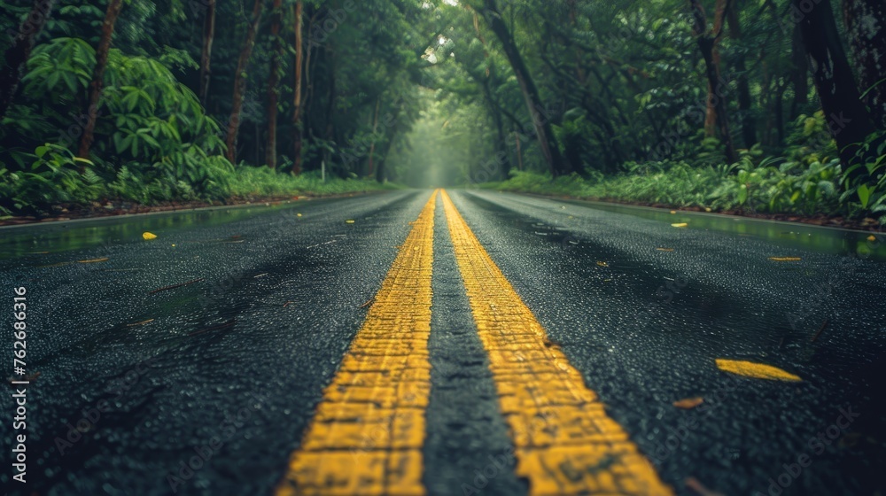 Fototapeta premium Tranquil forest road scenic nature landscape with trees, highway, and winding pathway