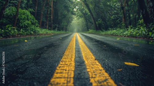 Tranquil forest road  scenic nature landscape with trees  highway  and winding pathway