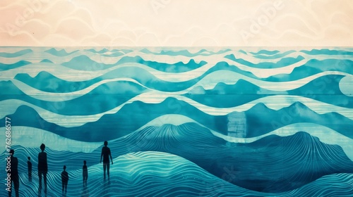 Artistic wall mural depicting stylized ocean waves with human silhouettes observing the serene scene © Татьяна Евдокимова