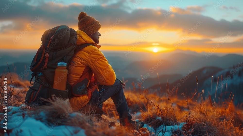 A weekend hiking adventure captured at sunrise, where an individual pauses to hydrate and enjoy a homemade, energy-packed snack, the early light accentuating the natural beauty - obrazy, fototapety, plakaty 