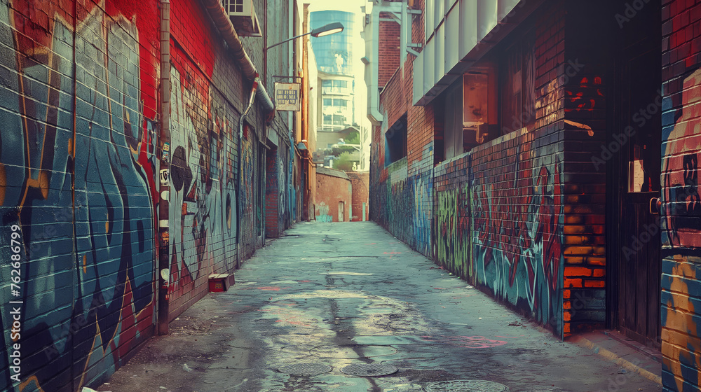 Colorful and textured graffiti-covered alley, showcasing street art in an urban setting