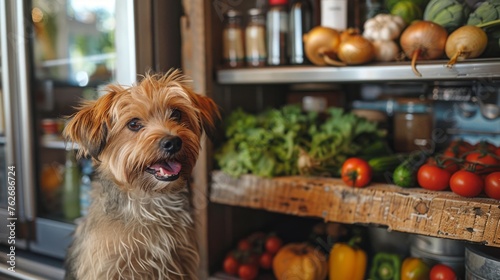 A small dog waits patiently by the feet of its owner, whos standing in front of an open fridge in a bright, airy kitchen, selecting fresh vegetables for a healthy meal, the kitchens photo