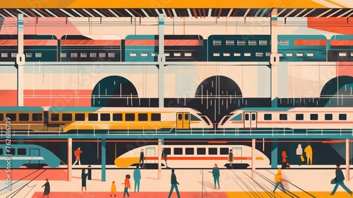 Vibrant and bustling modern city train station illustration with geometric shapes and vibrant colors depicting the hustle and bustle of daily commuter life