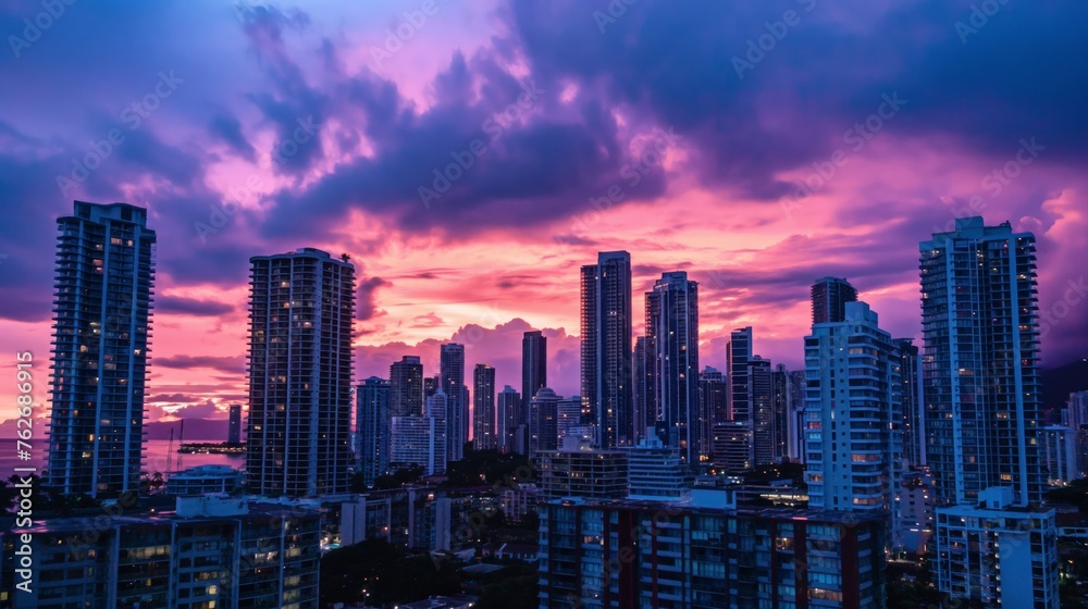 Majestic purple and orange sunset over a bustling cityscape with towering skyscrapers