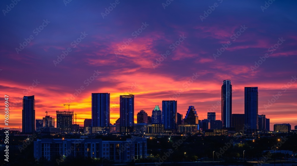 Dramatic sunset hues over a modern city skyline with silhouetted skyscrapers