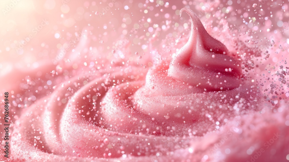 Fototapeta premium close-up of frosted cupcake with pink icing and sprinkles on pink background.Text: Fixed