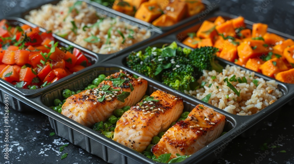 An athletes meal prep for the week, featuring containers filled with balanced portions of grilled fish, brown rice, steamed broccoli, and sweet potatoes--each meal carefully planned 