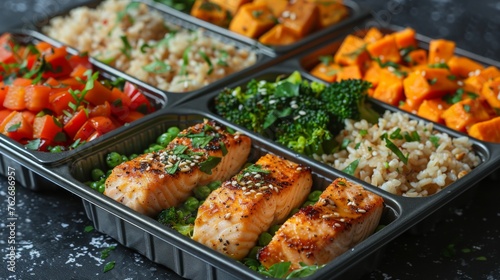An athletes meal prep for the week, featuring containers filled with balanced portions of grilled fish, brown rice, steamed broccoli, and sweet potatoes--each meal carefully planned  © Алексей Василюк
