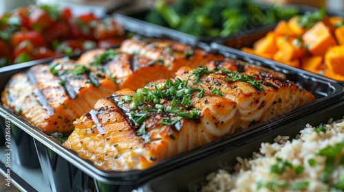 An athletes meal prep for the week, featuring containers filled with balanced portions of grilled fish, brown rice, steamed broccoli, and sweet potatoes--each meal carefully planned 