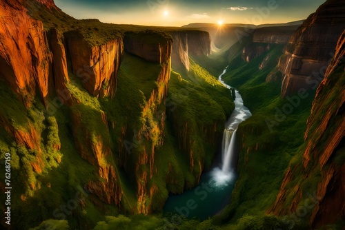 A panoramic view of a majestic waterfall flowing through a lush green canyon, its waters shimmering under the warm glow of the setting sun