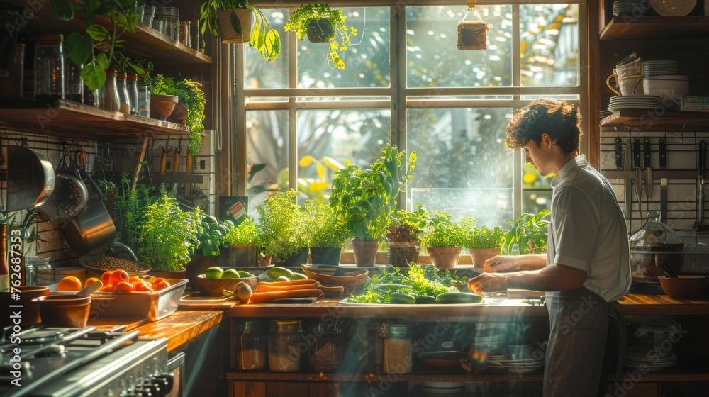 An individual in a sunlit kitchen carefully selects a piece of cucumber from the fridge, chopping it up for their pet rabbit waiting in a hutch nearby, the kitchen