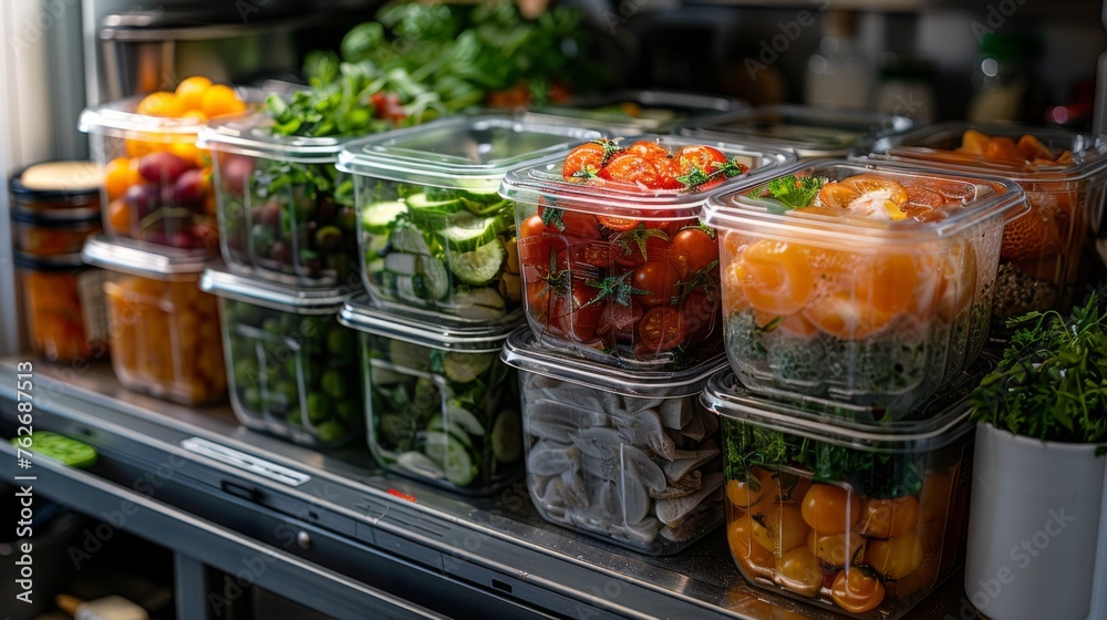 An open fridge door in a minimalist kitchen showcases an assortment of homemade, balanced meal prep containers, each labeled with macronutrient content, making healthy choices straightforward