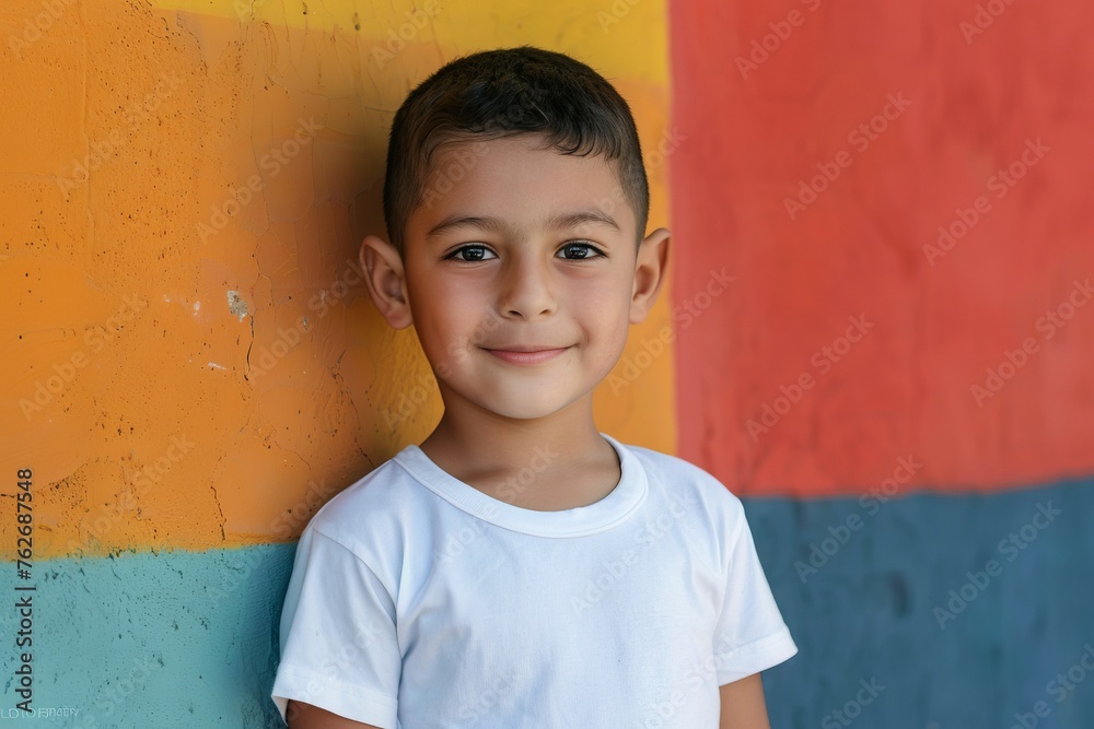 Hispanic child boy 4-6 years old in a white T-shirt without a pattern against the background of a colored wall Hispanic child boy 4-6 years old in a white T-shirt without a pattern against the background of a colored wall