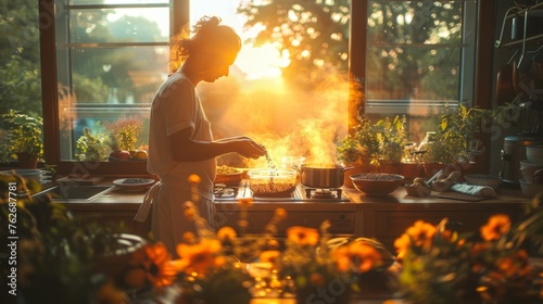 In a kitchen illuminated by the setting sun, a person crafts a herbal tea blend from dried lavender and chamomile, a nightly ritual to promote relaxation and support a healthy sleep cycle 