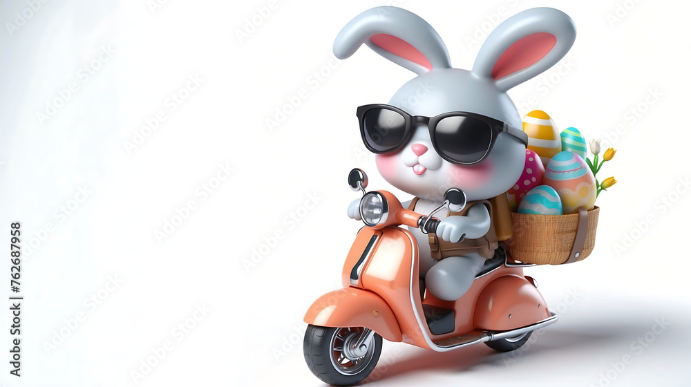 3D Cool Easter bunny with sunglasses and Easter eggs in his backpack on a motorbike. 3D Cool Easter bunny with sunglasses and Easter eggs in his backpack on a motorbike.