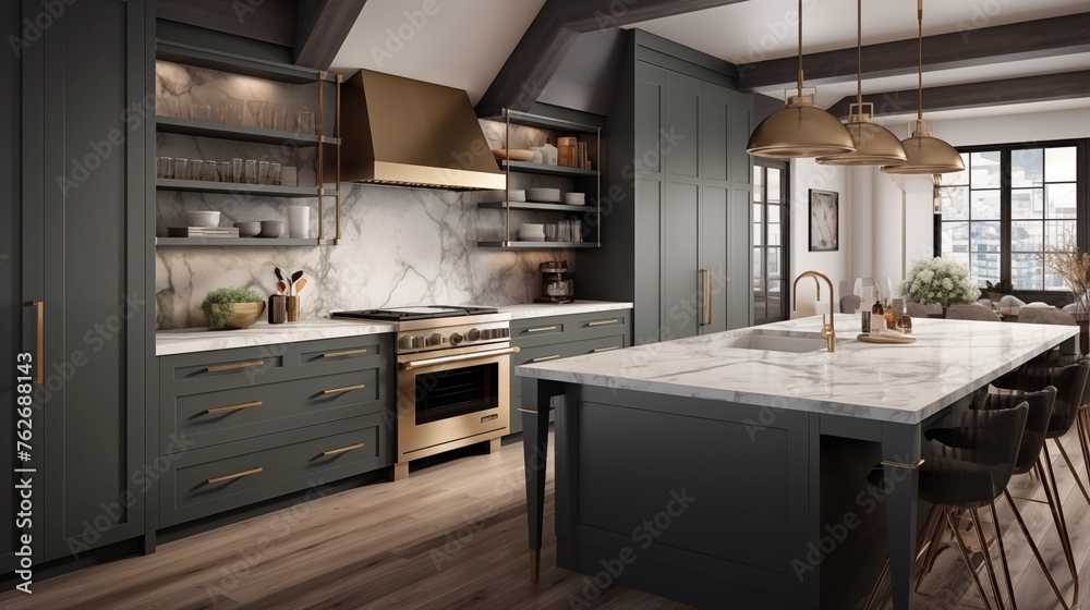 Kitchen featuring marble countertops and slate gray shaker cabinets. Kitchen featuring marble countertops and slate gray shaker cabinets.