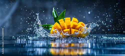 Energizing Fruit Splash, Ripe Mango in Refreshing Splash