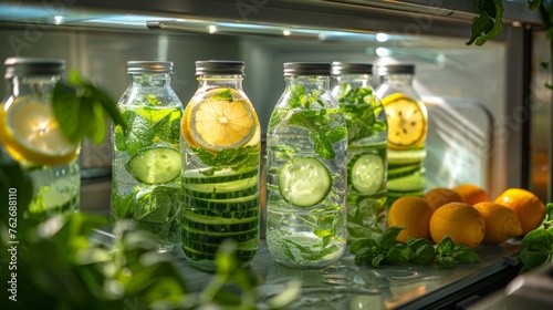 Inside a vibrant kitchen, a fridge door swings open to reveal a DIY hydration station, complete with infused water pitchers-cucumber, lemon, and mint-inviting a refreshing twist to maintaining balance