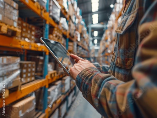 Man, hands and logistics with tablet for shipping, inventory inspection or research at warehouse. Closeup of male person or employee with technology for storage, checklist or supply chain service