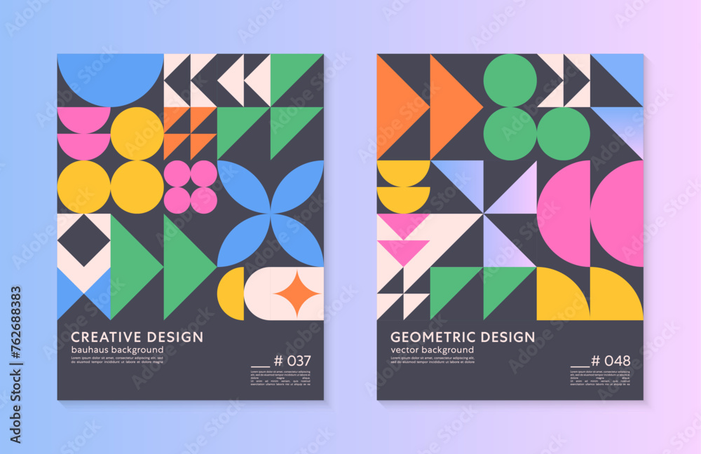 Naklejka premium Abstract geometric pattern backgrounds with copy space for text.Trendy minimalist geometric designs with bold simple shapes and elements.Modern artistic vector illustrations.