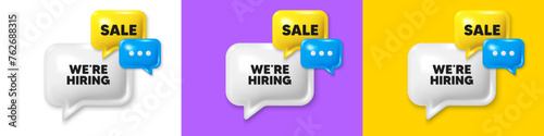 Chat speech bubble 3d icons. We are hiring tag. Recruitment agency sign. Hire employees symbol. Hiring chat text box. Speech bubble banner. Offer box balloon. Vector