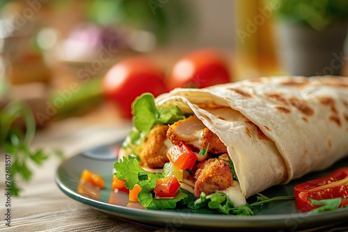 Tortilla wrap with chicken and fresh vegetables in plate on blurred background