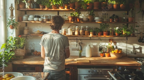 The morning sun highlights a kitchen immaculate white counters and open shelves as an individual selects a jar of almond milk from the refrigerator, preparing to blend a balanced