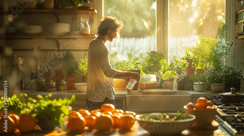 The morning sun highlights a kitchen immaculate white counters and open shelves as an individual selects a jar of almond milk from the refrigerator, preparing to blend a balanced