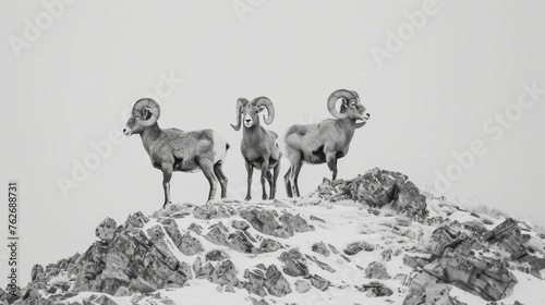 Triumvirate of Bighorn Sheep on Snowy Cliff in Monochrome, B&W Illustration of Three Sheep. Generative AI. 