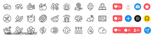 Antistatic, Photo and Cold-pressed oil line icons pack. Social media icons. Natural linen, Leaf, Vegetables web icon. Pecan nut, Co2 gas, Potato pictogram. Bad weather, Peas, Iceberg. Vector