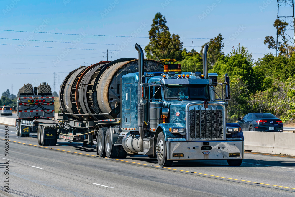 A heavy-duty truck hauling a large load on a highway.