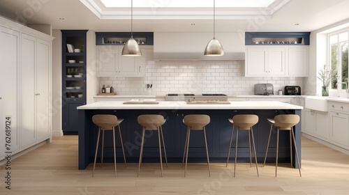 Kitchen in off-whites and creams with deep ink blue shaker style lower cabinets.