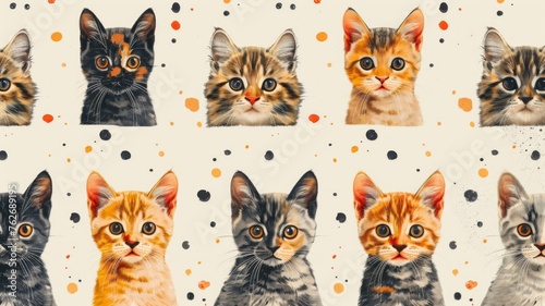 Assortment of Cute Hand-drawn Kittens - This image features a collection of adorable hand-drawn kittens, each with unique patterns and colorful accents