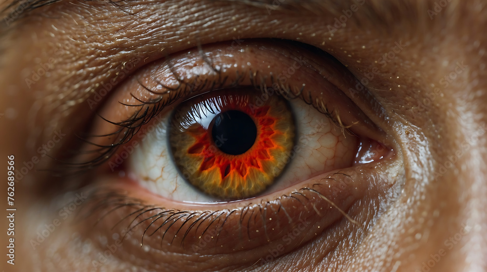 Fototapeta premium A strikingly captivating close-up macro image displays an eye with a meticulously detailed iris, radiating an intense shade of red that draws