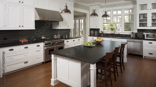Kitchen with crisp white cabinets and black honed granite countertops.