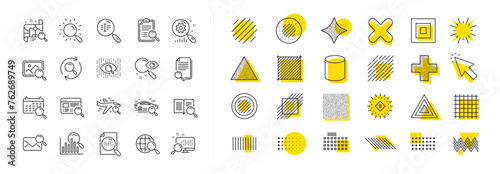 Photo indexation, Artificial intelligence, Car rental icons. Design shape elements. Search line icons. Airplane flights, Web search engine, Analytics. Vector