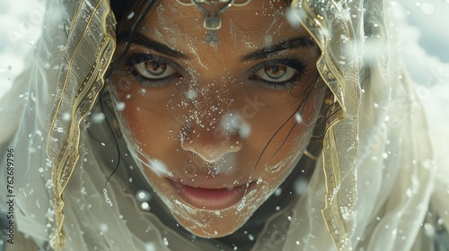  A close-up photo of a woman wearing a veil, surrounded by snowfall © Janis