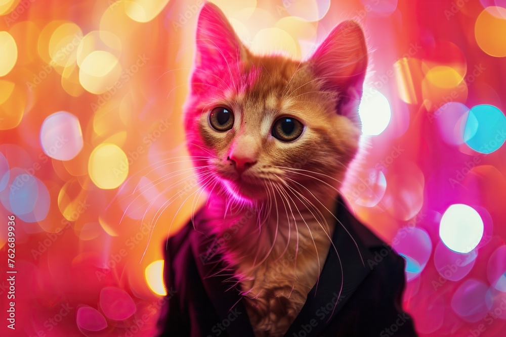 Cute ginger cat in costume on blurred lights background Cute ginger cat in costume on blurred lights background