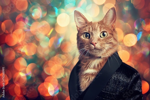 Cute ginger cat in costume on blurred lights background
