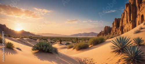 Oasis in desert, sand dunes, ancient town in sands. Panoramic view, hot sun, landscape background illustration